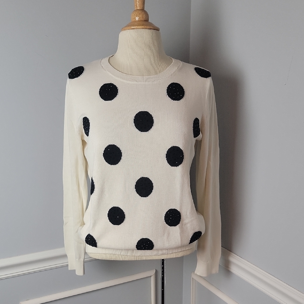BANANA REPUBLIC Cream Black Polka Dot Rhinestone Crewneck Preppy Holiday Sweater